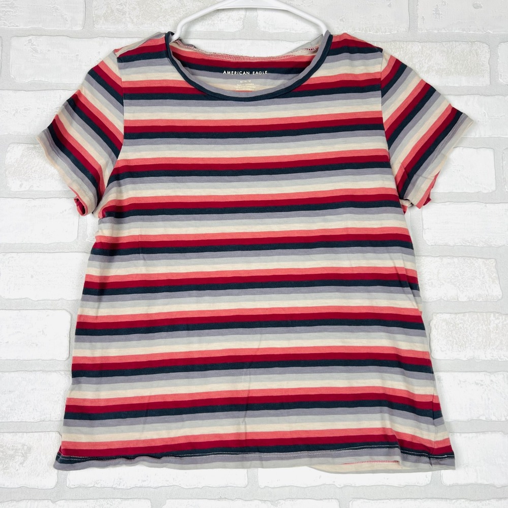 American Eagle Womens Striped Short Sleeve Crewneck T-Shirt Red Navy Grey Medium